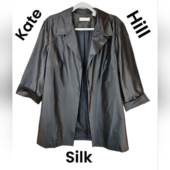 Kate Hill Women Jacket Sz 28W Black Silk Evening Glam Open Front Lightweight - Picture 1 of 12